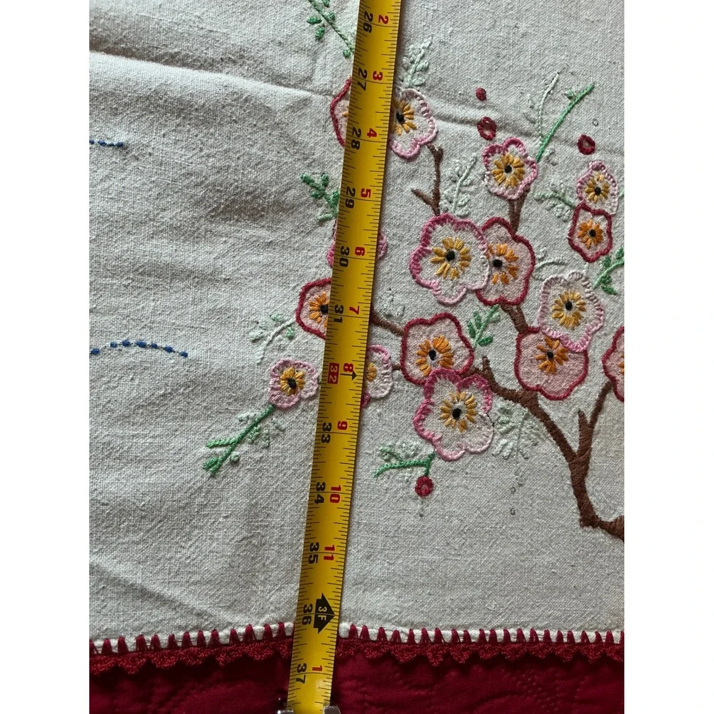 Vintage Hand Embroidered Tablecloth Pagoda Blossom Asian Floral 36x30 Linen‎